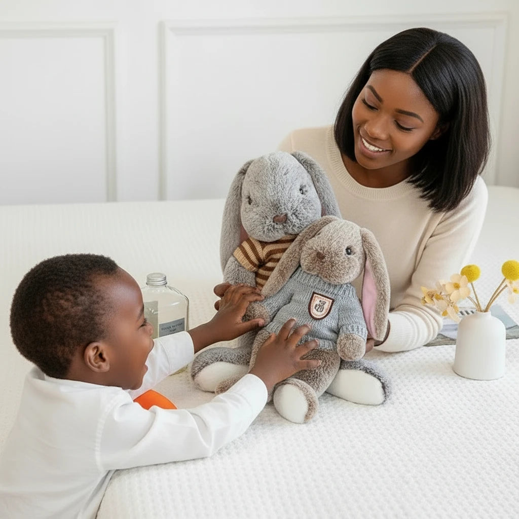 Lapinou Chuchotis – Peluche Lapin à Petit Pull Tricoté | Compagnon Doux et Charmant pour Enfants
